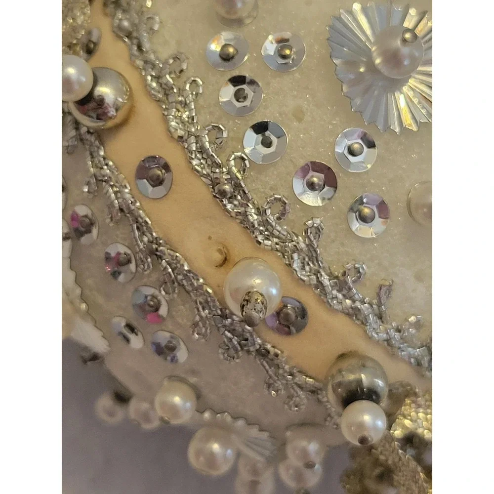 Vintage Beaded Christmas Ornaments Victorian Style Sequin Pearl Gold 5pc